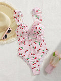 Vintage Pink Starberry Print One Piece Swimsuit 2026 Women Ruffles Bandage Cross High Waist Bikini Beach Bathing Suit Swimwear