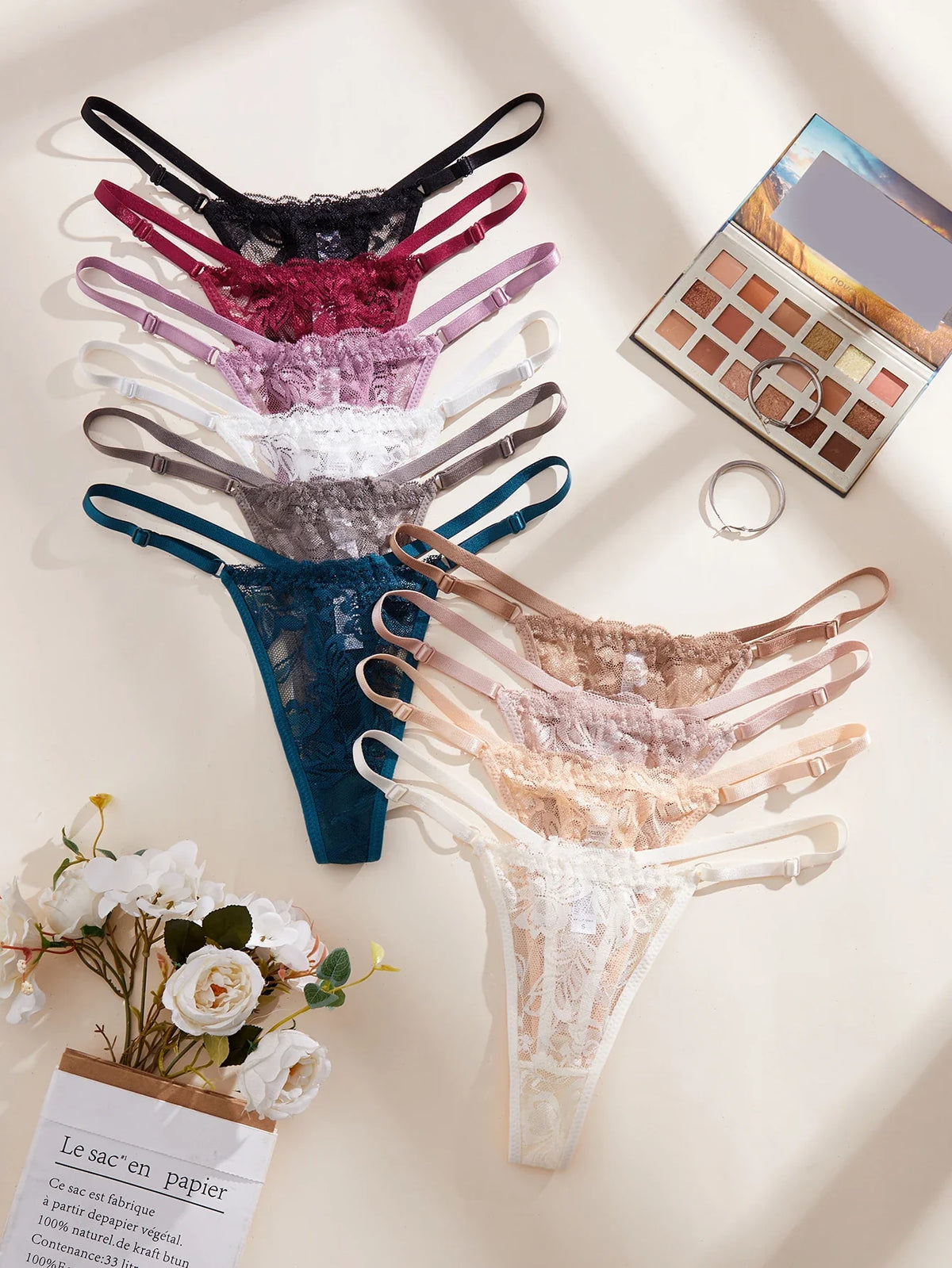 10Pcs/Set Sexy Lace Women Panties Low Waist G‑String Thong Adjustable Waistband Lingerie Underwear