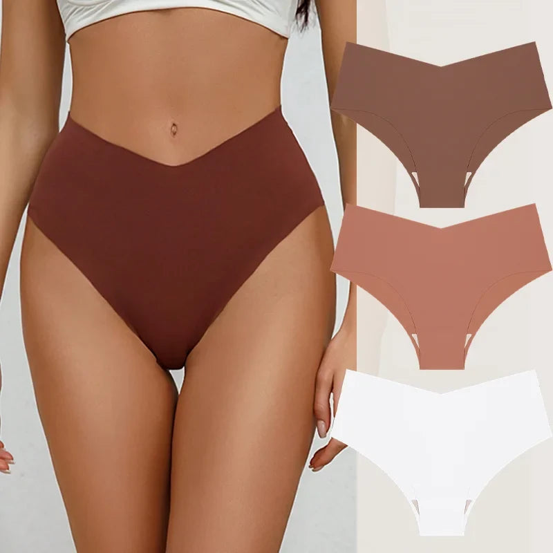 3PCS Women's Seamless Maillard Underwear Sexy V-Shaped Mid Waist Ice Silk Briefs 10 Soild Color Cozy Stretch Sexy Underpant S-XL