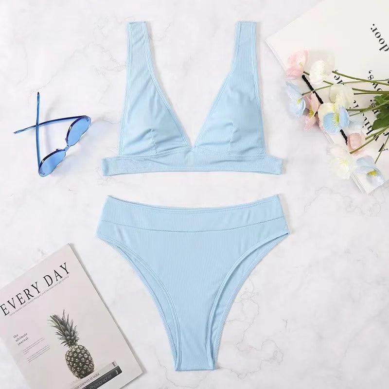 2023 New Sexy V-Neck Ribbed Bikini High Waist Swimsuit Women Solid Push Up Swimwear Female Bathing Suit Bikini Set Beachwear