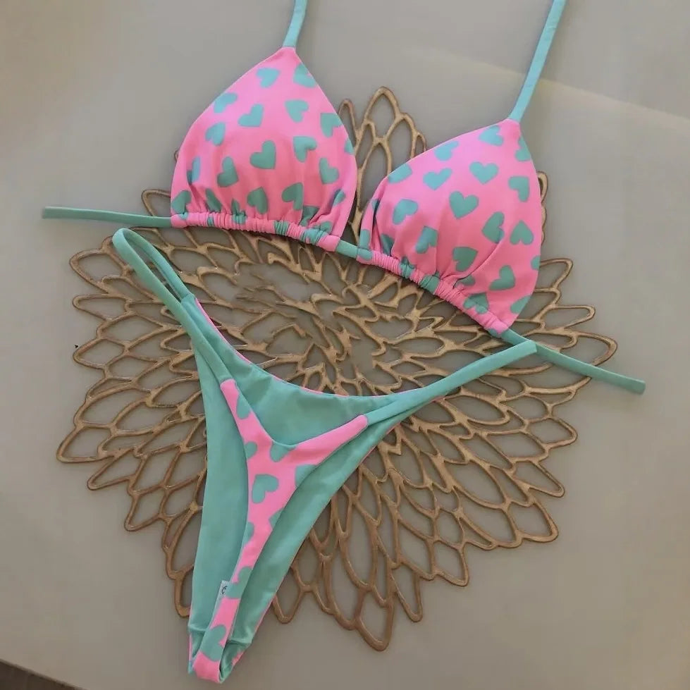 2026 Swimwear Women Cute  Cherry Print Brazilian Thong Bikini Set Sexy Thong Swimsuit Two Pieces Bathing Suit Women Beach Wear