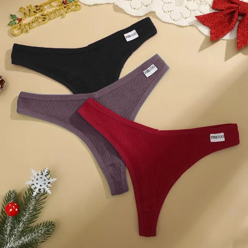 3Pcs Women Christmas Waffle Style G-string Cotton Panties Ladies Soft Thongs Female S-XL Low-Rise T-Back Panties Bikini Bikini
