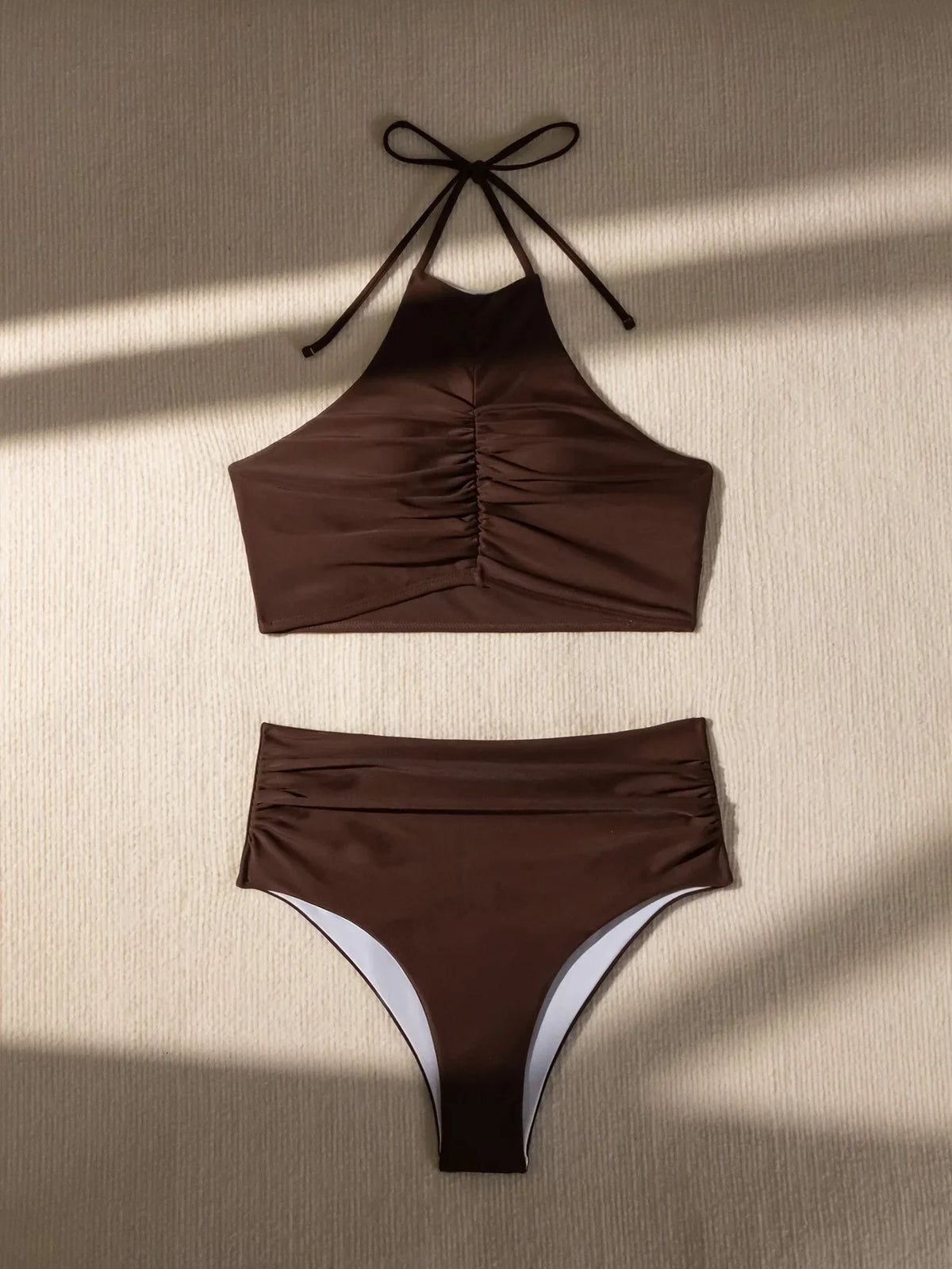 Sexy Halter Pleate Bikini Set 2025 Women Coffee Push Up Crop Top with High Waist Swimsuit Summer Holiday Bathing Suit Swimwear