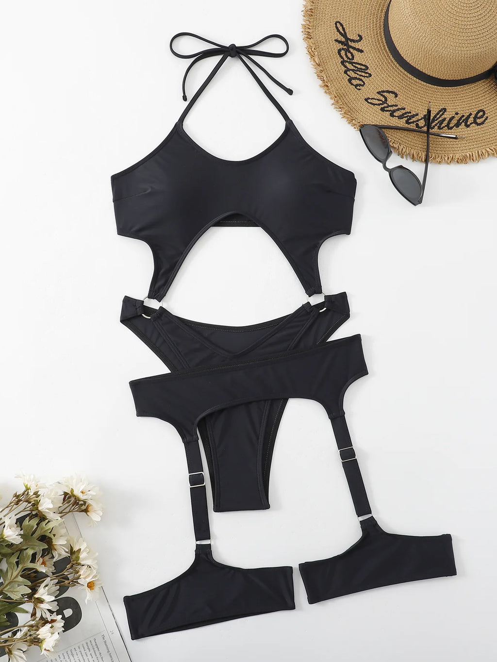 Sexy Black One Piece Swimsuit Women 2025 Hollow Out Push Up Suspenders Panties Thong Swimwear Beach Bathing Suit Swimming Bikini