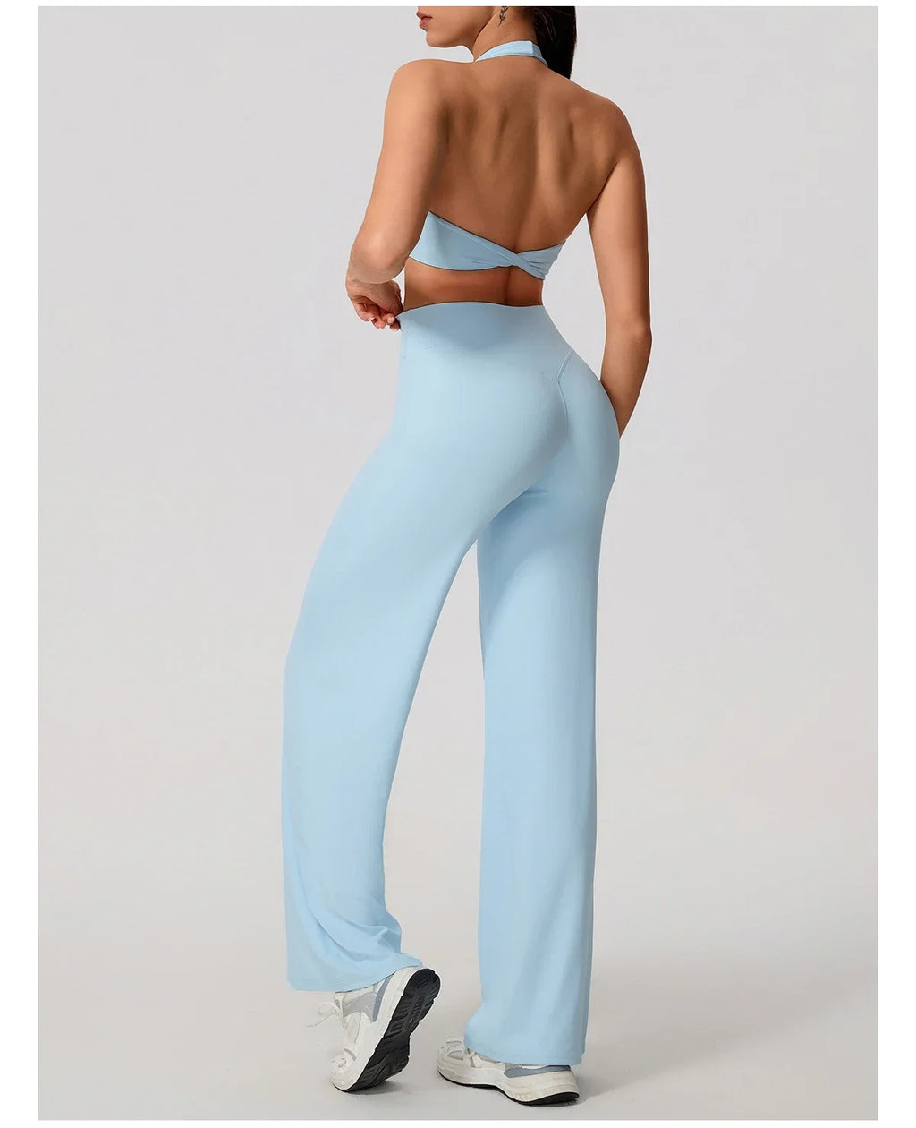 Hearuisavy Summer Yoga Set 2Pcs Women Breathable Backless Halter-Neck Sports Bra Push Up Pilates Fitness Top Straight Leg Pants