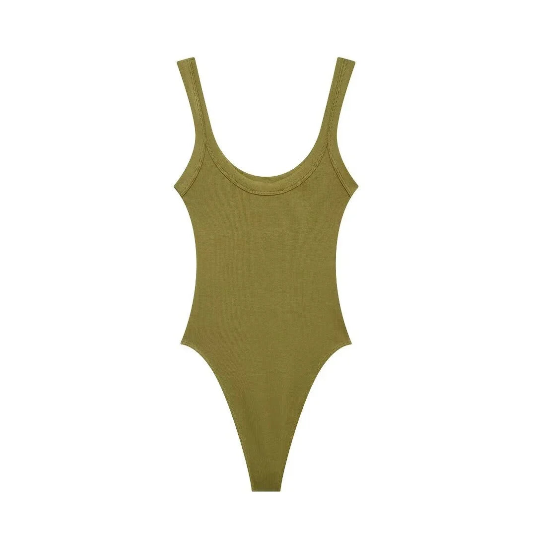 Women's Skinny Ribbed O-Neck Bodysuits with Straps Snap-Button Sexy Fashion Playsuits Comfortable Stretchy Female Clothing