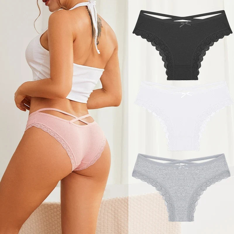 3PCS/Set Women Cotton Panties Low Waist Sexy Lace Brazilian Briefs Female Cross Webbing Underpants Soft Breathable Lingerie S-XL