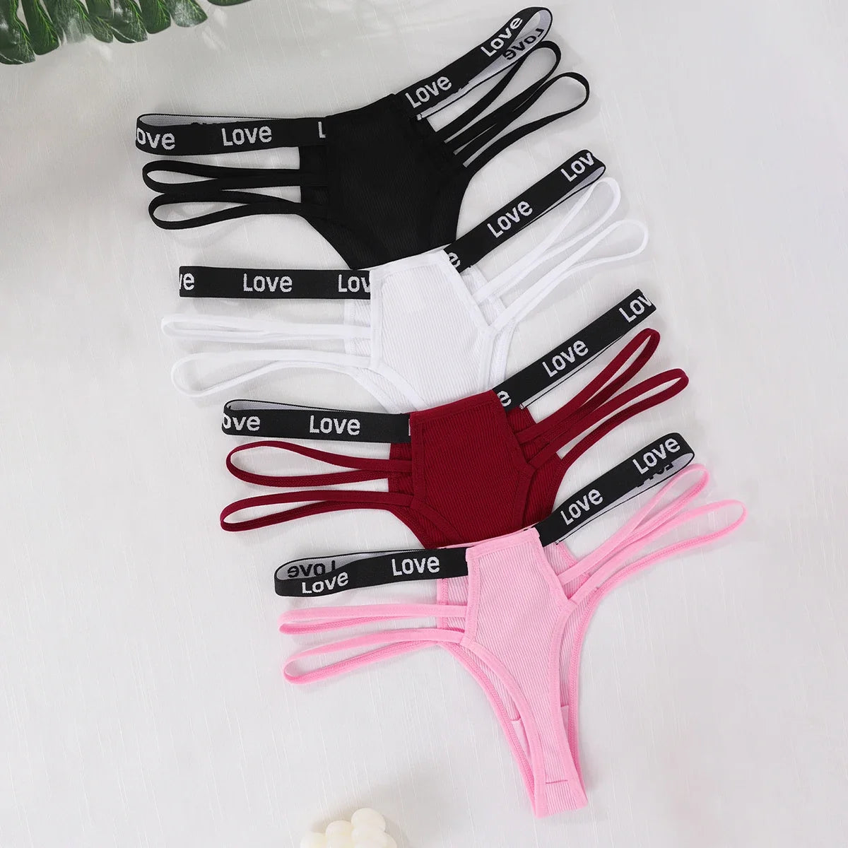 4pcs/pack Low Waist Ribbed Lady thongs Underwear Breathable Comfortable Women's G-string Letter Decor Elegant New Style Lingerie