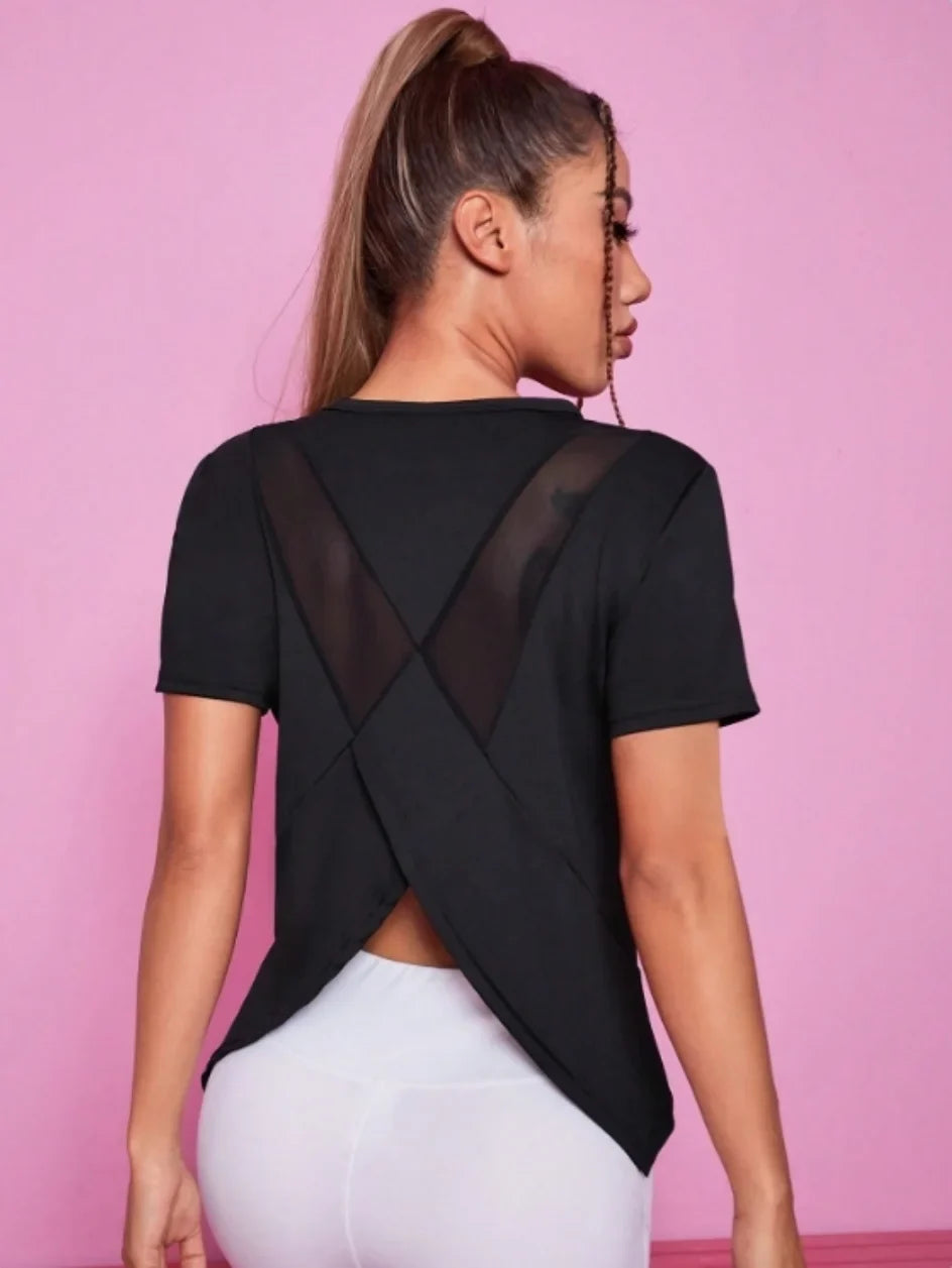 Yoga outfit women's summer sports T-shirt loose breathable quick drying top mesh back training fitness short sleeved