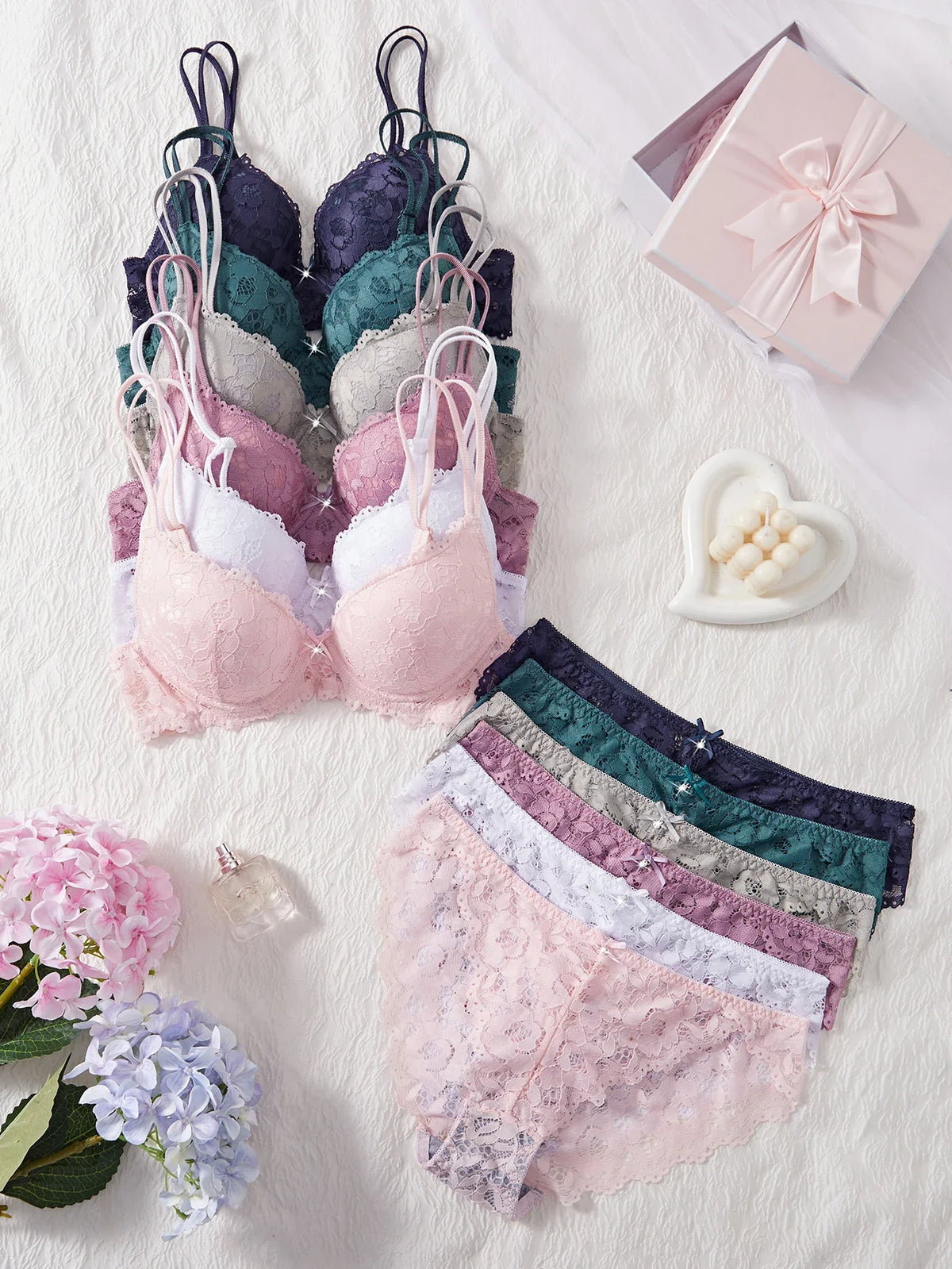 6-Piece Set Lace Women's Underwear Set No Lining Lace Push up Bra Comfortable Fitting Sexy Mesh Lace Panties Women's Bra Set
