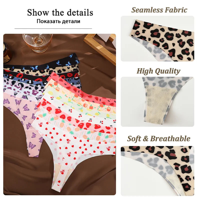 5Pcs Women Ultra-thin Seamless G-string Seamless Print Thongs Sexy Panties Ladies Soft Cute Thongs Female S-XL T-Back Panties
