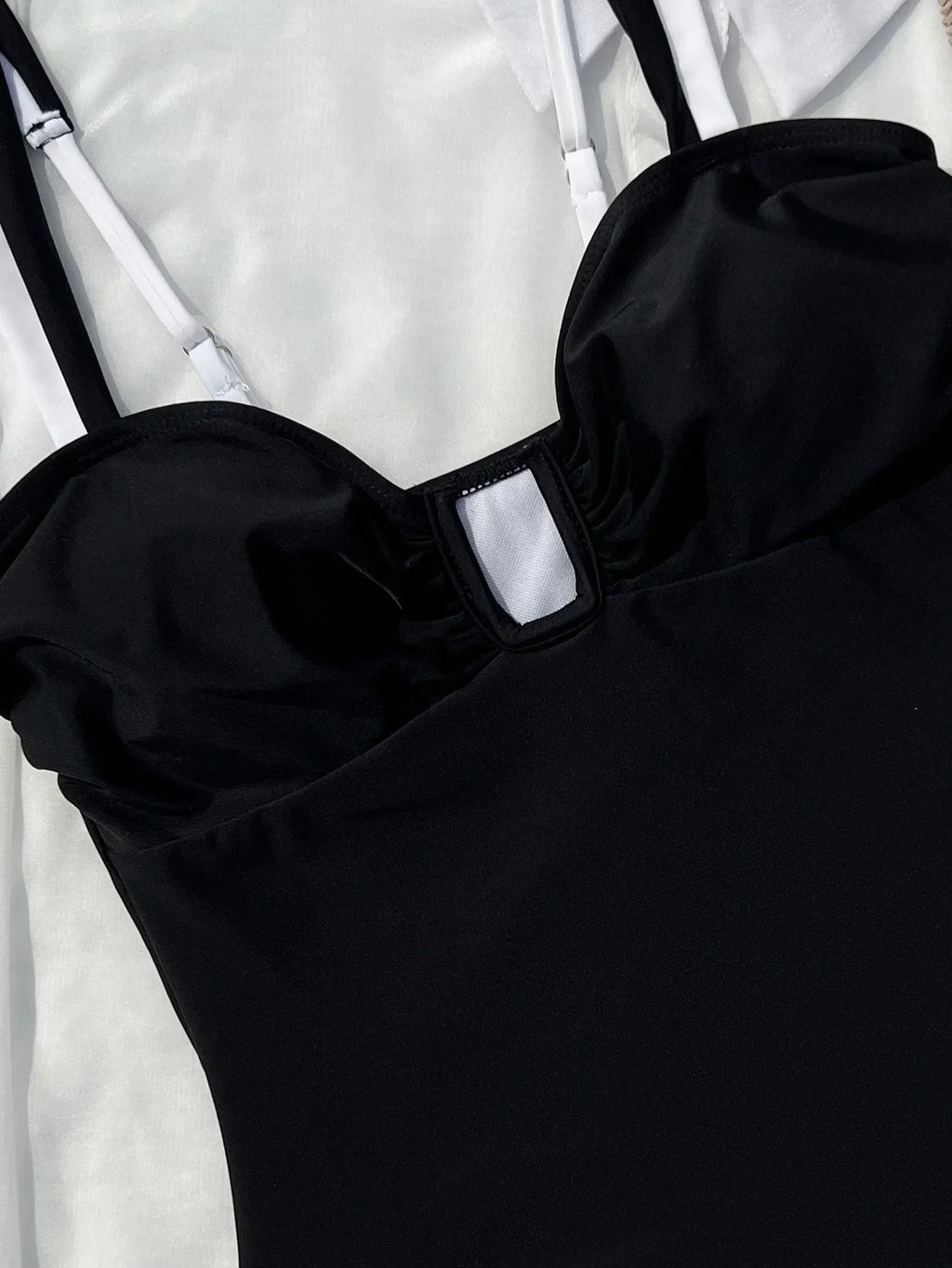Vintage Black White Patchwork Swimwear Women 2026 Sexy Metal U Neck Backless One Piece Swimsuit Beach Bathing Suits Monokini