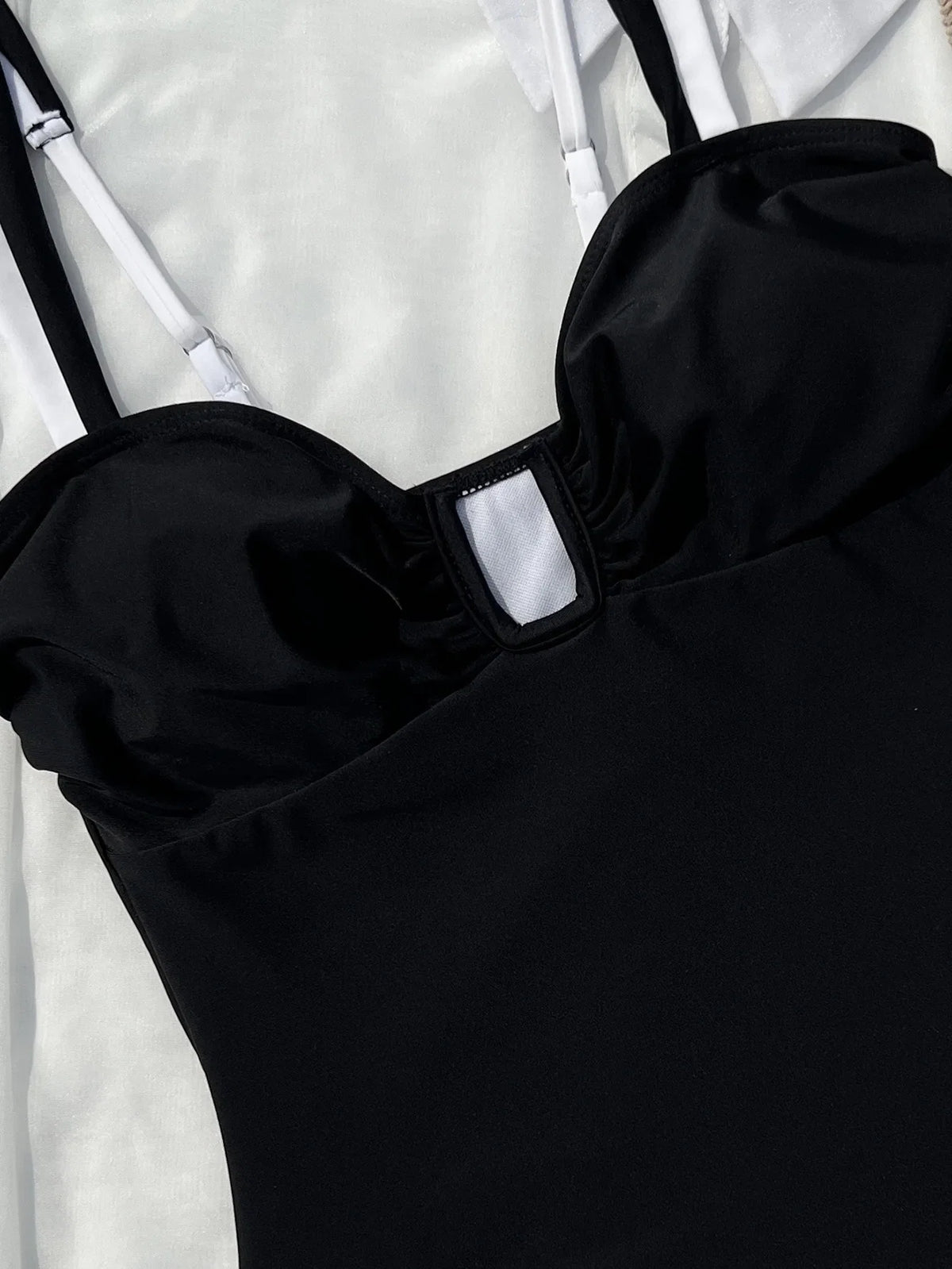 Vintage Black White Patchwork Swimwear Women 2026 Sexy Metal U Neck Backless One Piece Swimsuit Beach Bathing Suits Monokini