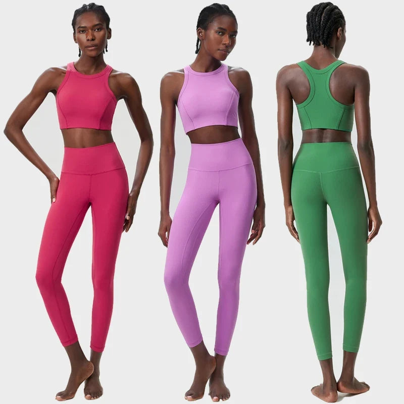 Yoga Set 2 Pieces Women's High Waisted Leggings Sports Vest Exercise Clothing Workout Outfits Fitness Sportswear Gym Tracksuit