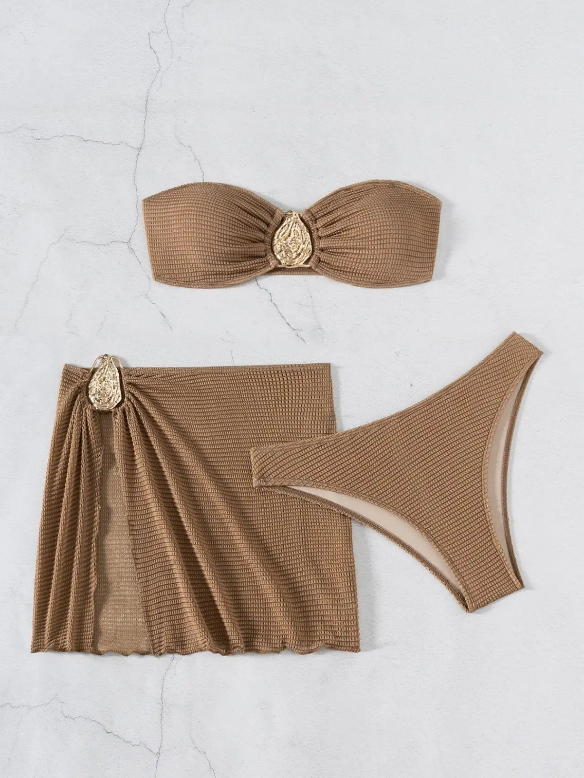 2026 New Sexy Bandeau Bikini Women Metal Water Droplet Ornament Push Up Mesh Skirt 3 Piece Swimsuit Beach Bathing Suit Swimwear