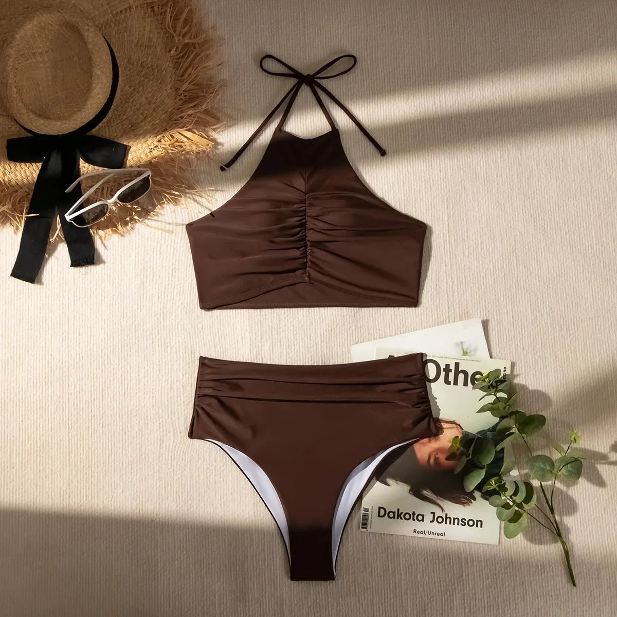 Sexy Halter Pleate Bikini Set 2025 Women Coffee Push Up Crop Top with High Waist Swimsuit Summer Holiday Bathing Suit Swimwear