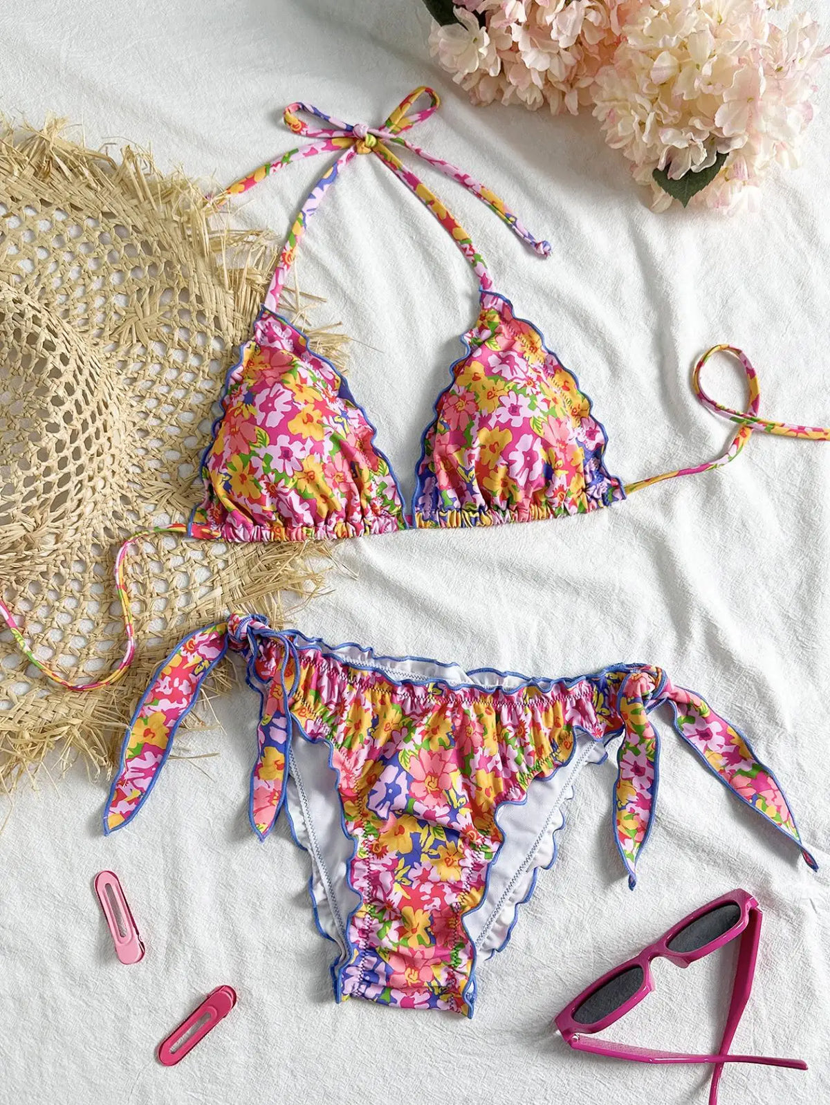 Cute Orange Floral Print Bikini Set Women Halter Ruffles Push Up Tie Side Thong Swimsuit 2026 Summer Bathing Suit Micro Swimwear