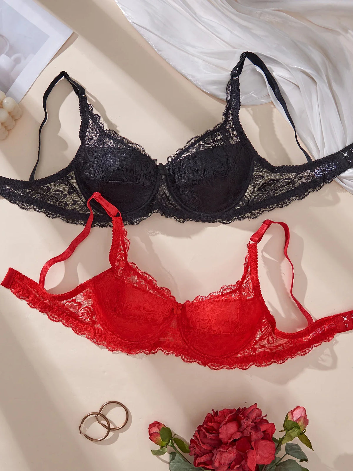 2Pcs Set Women's Sexy Bras Thin Lace Underwire Push-Up Soft Bra Adjustable Women's Underwear Set No Lining Breathable Comfortable