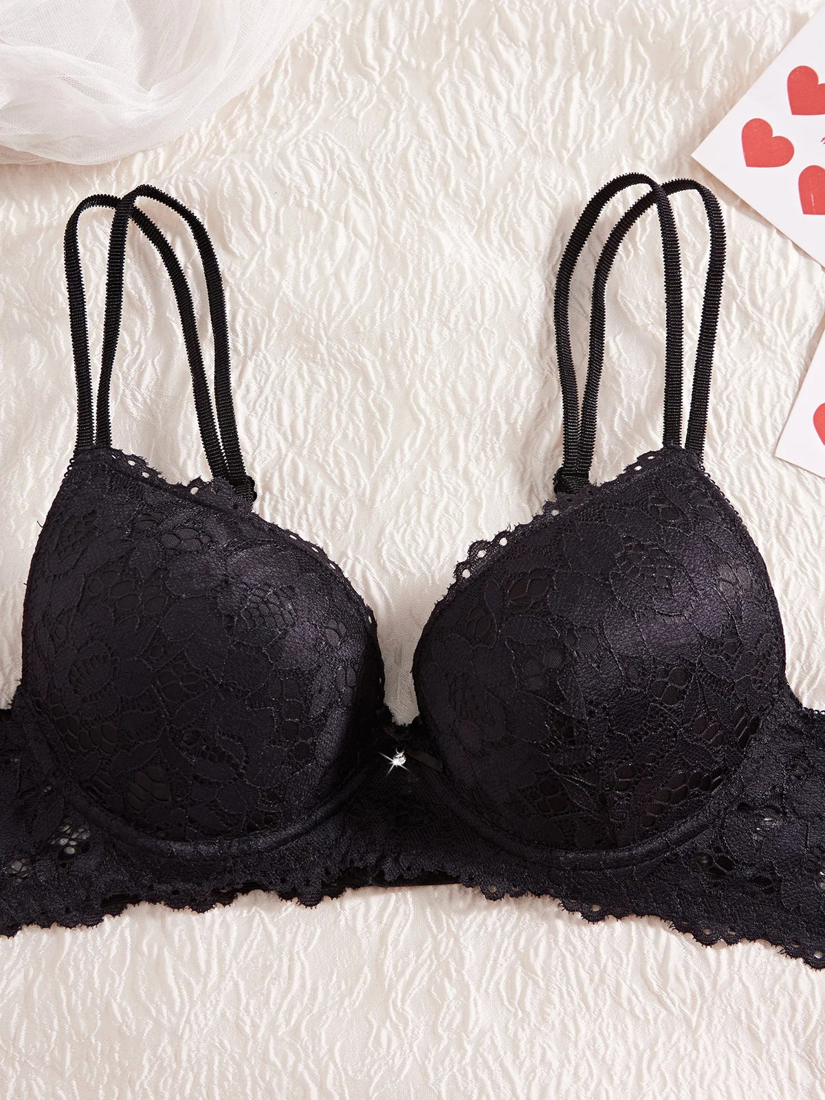 Women's Sexy Lingerie Set Lace Patchwork Solid Color Bowknot Rhinestone Embellished Push-Up Double Shoulder Strap Unlined Comfortable Underwear, Lace Semi-Transparent Breathable Panties
