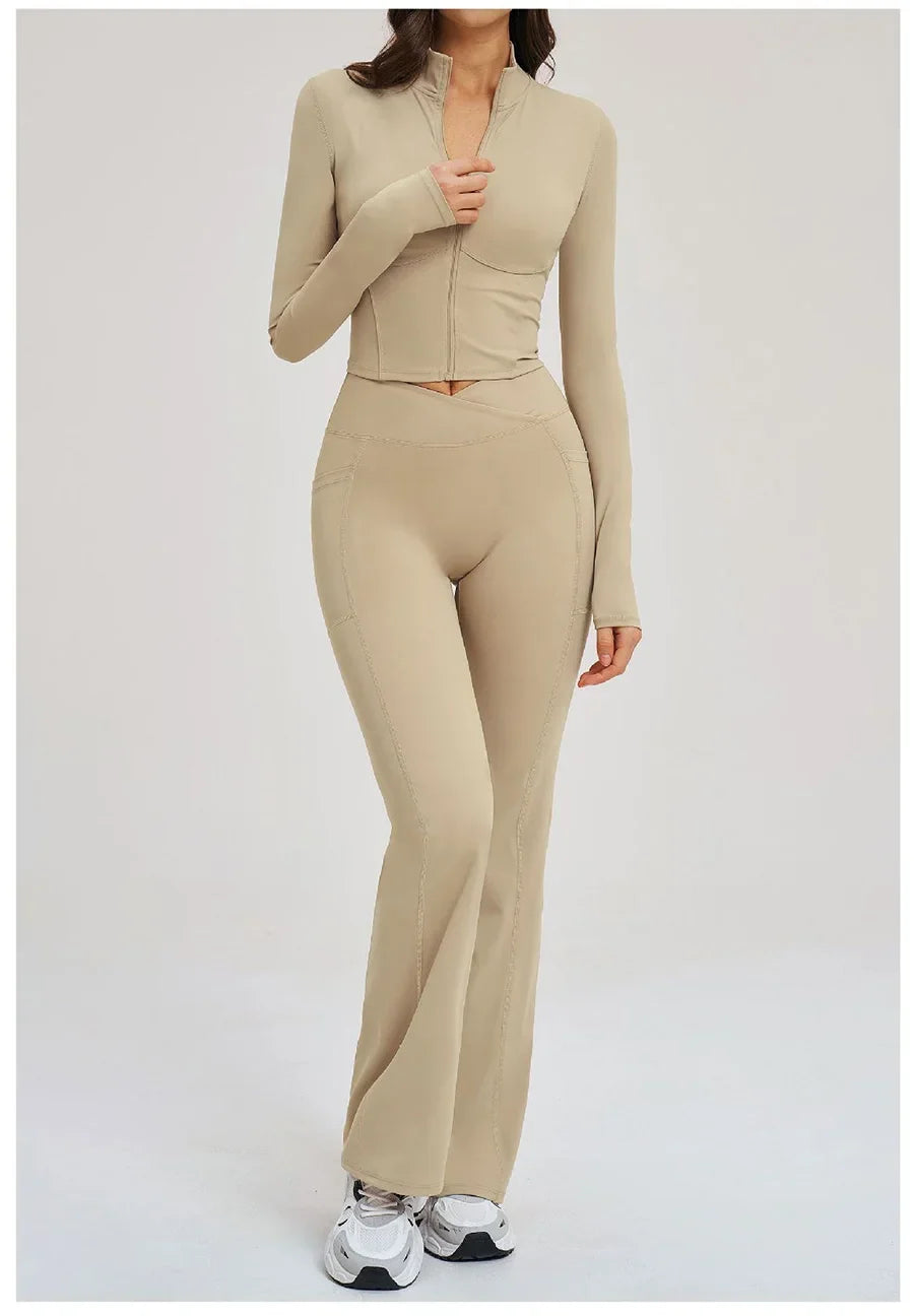 2PCS Yoga Set Gym Clothes Sportswear Seamless Women Fitness Long Sleeved Tracksuits Sports Workout Gym Flared Leggings Athletic