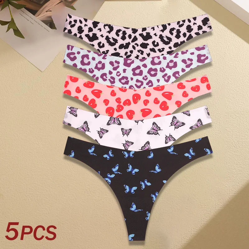 5Pcs Women Ultra-thin Seamless G-string Seamless Print Thongs Sexy Panties Ladies Soft Cute Thongs Female S-XL T-Back Panties