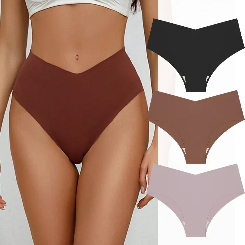 3PCS Women's Seamless Maillard Underwear Sexy V-Shaped Mid Waist Ice Silk Briefs 10 Soild Color Cozy Stretch Sexy Underpant S-XL