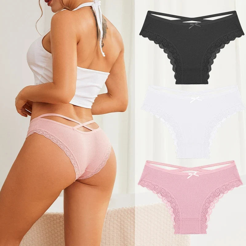 3PCS/Set Women Cotton Panties Low Waist Sexy Lace Brazilian Briefs Female Cross Webbing Underpants Soft Breathable Lingerie S-XL