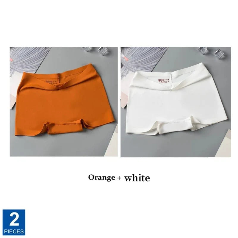 2pcs Seamless Women Boxers Underwear Ice Silk Shorts Solid Color Ladies Soft Boyshorts Plus Size M/L/XL