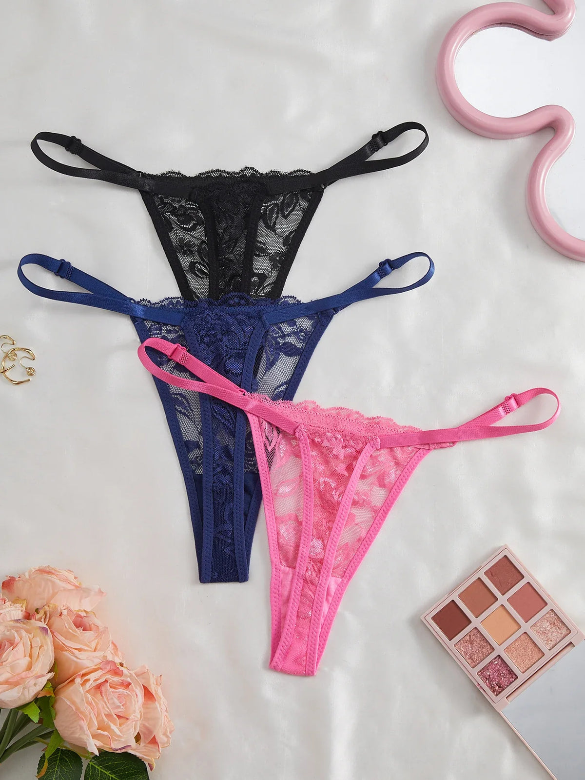 3-Pack Sexy Lace Women's Panties Adjustable Waistband Semi-Transparent Sexy Floral Lace Women's Sexy Lingerie Underwear