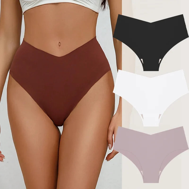 3PCS Women's Seamless Maillard Underwear Sexy V-Shaped Mid Waist Ice Silk Briefs 10 Soild Color Cozy Stretch Sexy Underpant S-XL