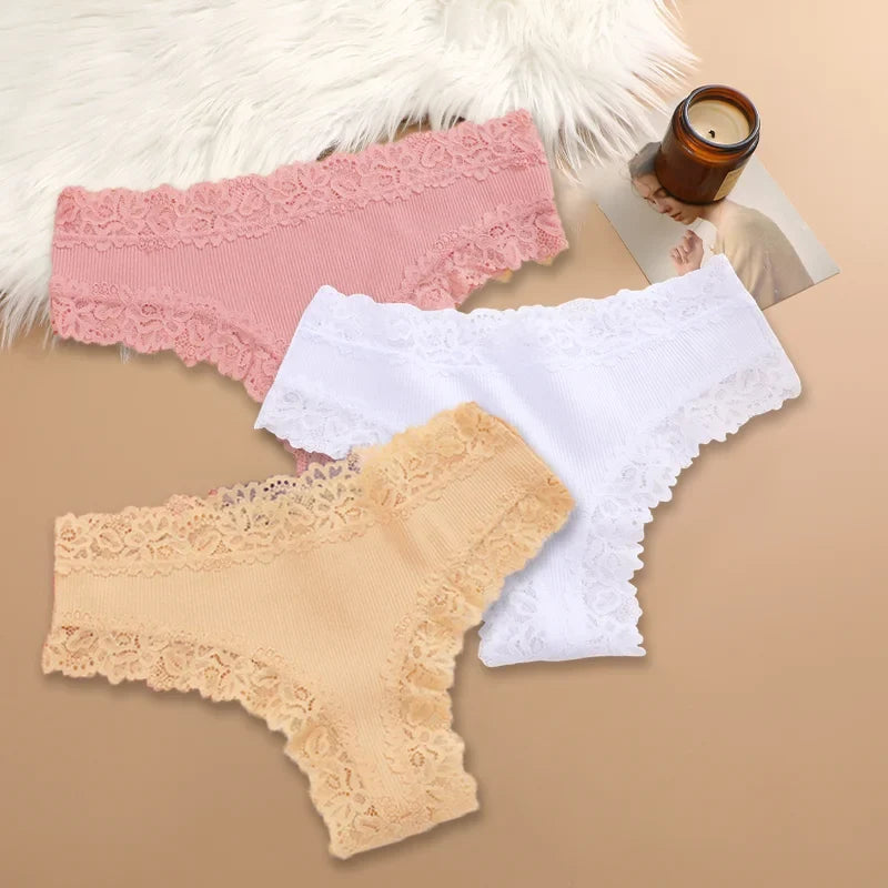 3Pcs Women Cotton Brazilian Pants Sexy Lace Brazilian Briefs Low Waist Floral Solid Color G-string Breathable Soft Lingerie