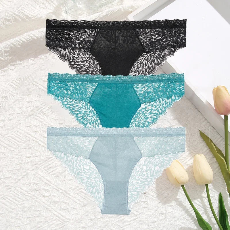 3Pcs/Set Seamless Lace Women Panties Transprant Hollow Out Low Waist Briefs Female Solid Soft Breathable Lingerie Underwear