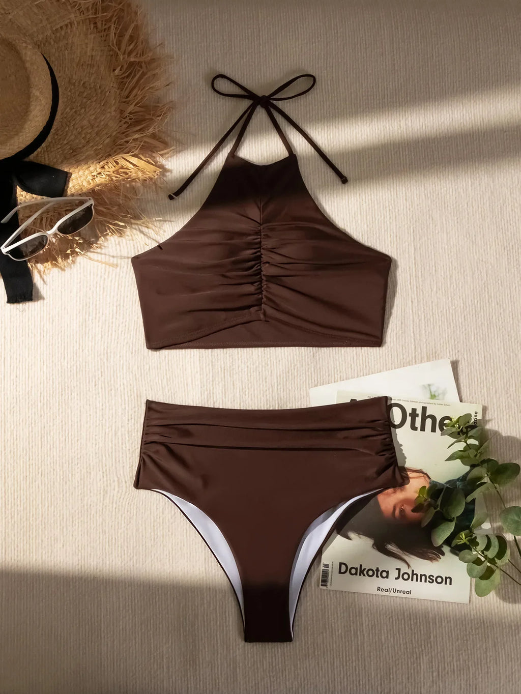 Sexy Halter Pleate Bikini Set 2025 Women Coffee Push Up Crop Top with High Waist Swimsuit Summer Holiday Bathing Suit Swimwear