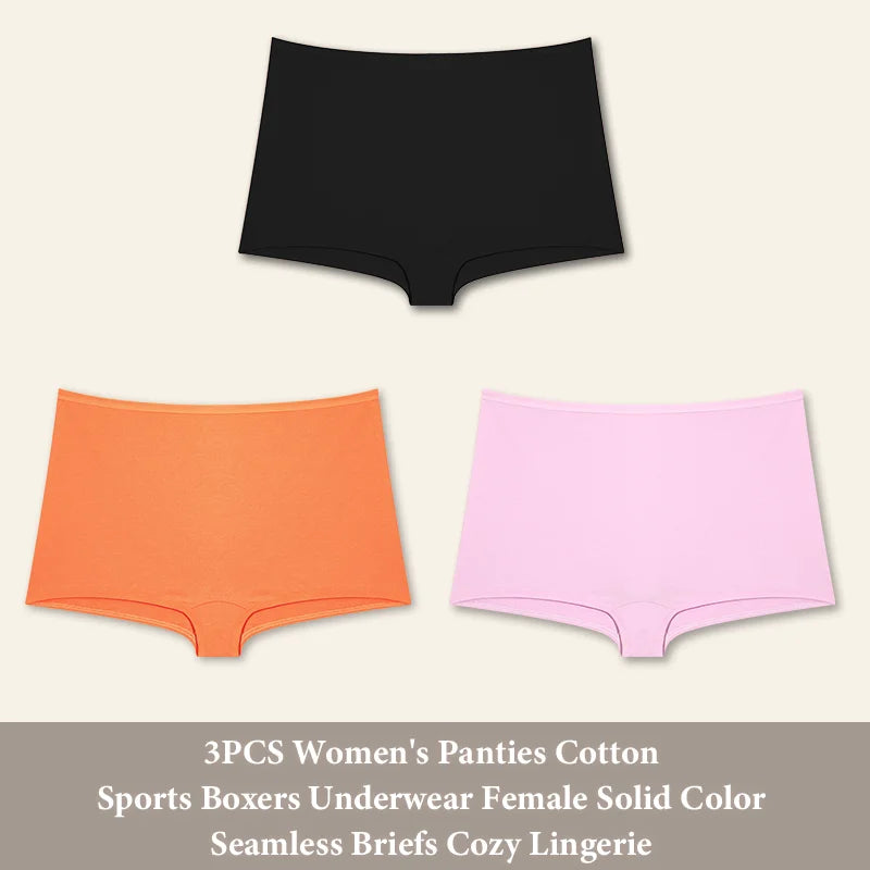 3PCS Women's  Cotton Seamless Panties Sports Boxers Underwear Female Solid Color Briefs Cozy Lingerie Intimate Underpants XS-XL