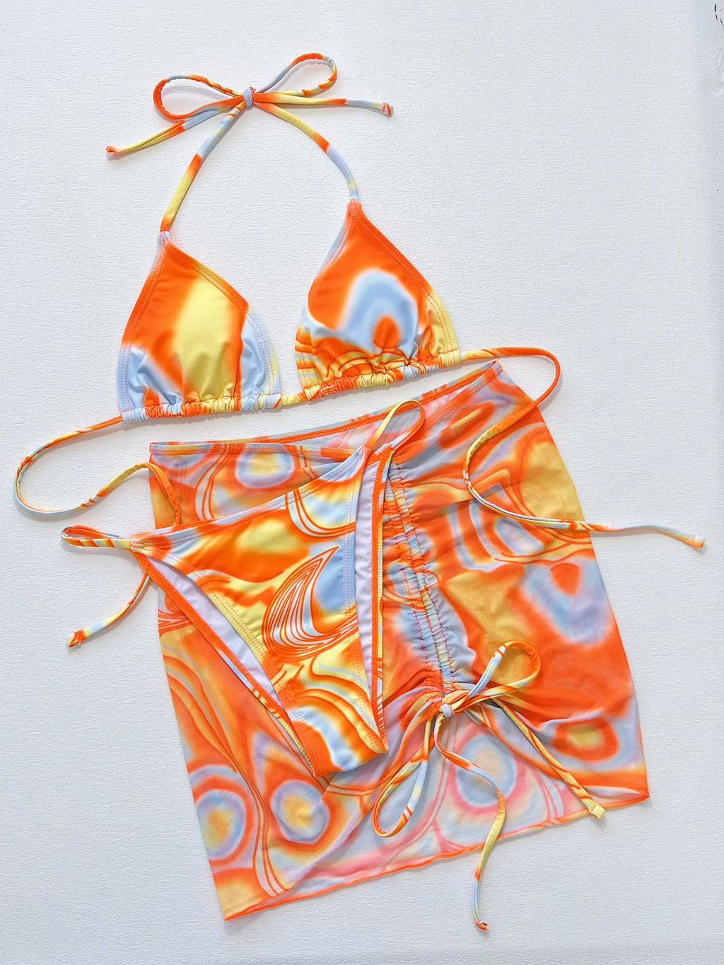 Sexy Orange Gradient 3 Piece Bikinis Sets Women Push Up Pleate Skirt Swimsuit Summer Bathing Suit Cover Up Swimwear Biquini 2024
