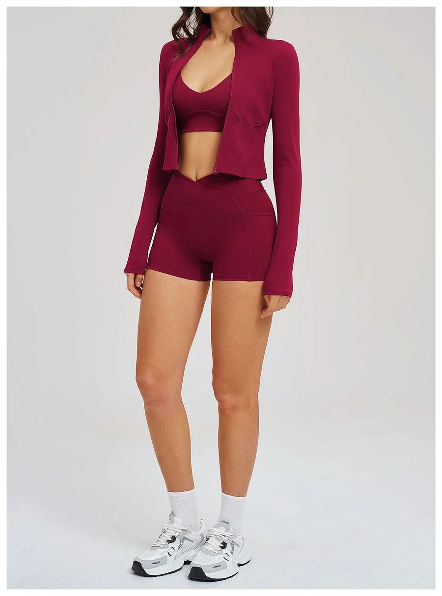 New 3 Pieces Yoga Set Women Workout Sportswear Gym Clothing Fitness Long Sleeve Crop Top Shorts Leggings Female Sport Bra Suits