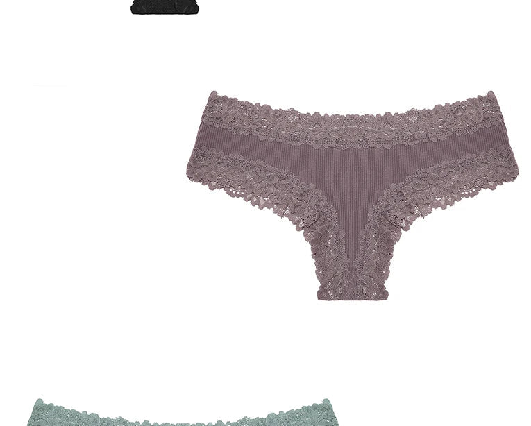 3Pcs Sexy Women Cotton Brazilian Pants Lace Brazilian Briefs Low Waist Floral Solid Color G-string Breathable Soft Lingerie