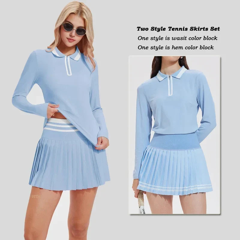 VITALINOVO Tennis Skirt Sets for Women Zipper Color Block Shirts High Waisted Golf Polo Two Piece Skirt Set Women 2 Piece Outfit