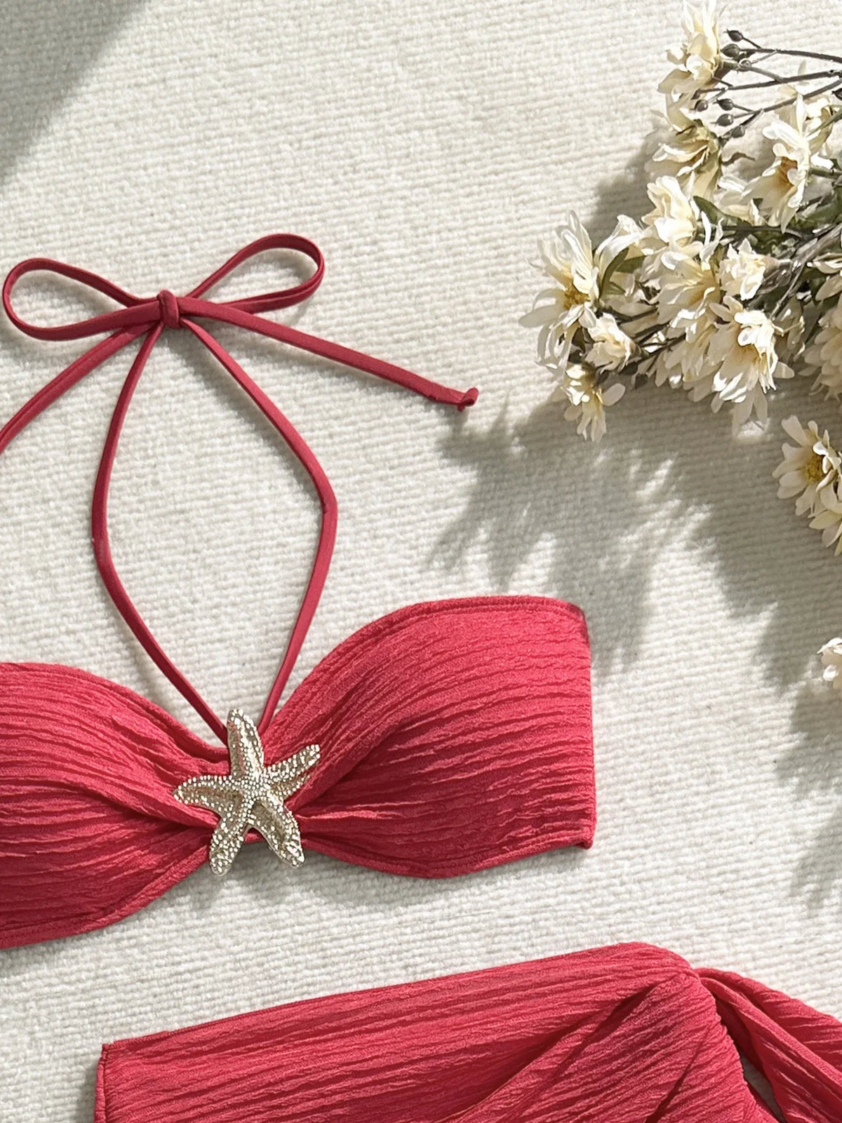 Sexy Metal Starfish Bikinis Set Women Brown Bandeau Push Up Mesh Skirt 3 Piece Swimsuit 2025 Beach Bathing Suit Holiday Swimwear