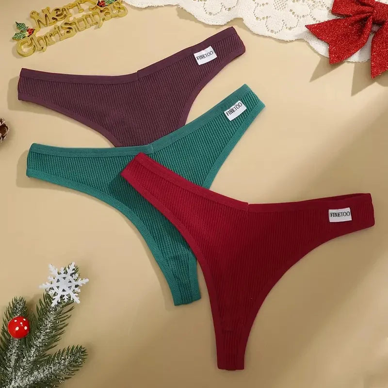 3Pcs Women Christmas Waffle Style G-string Cotton Panties Ladies Soft Thongs Female S-XL Low-Rise T-Back Panties Bikini Bikini