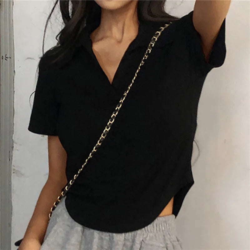 Summer Short Sleeve Lapel Top Women'S Solid V-Neck Pullovers Retro Sweet Shirts Hot Girl Crop Top Female Slim Versatile Tee