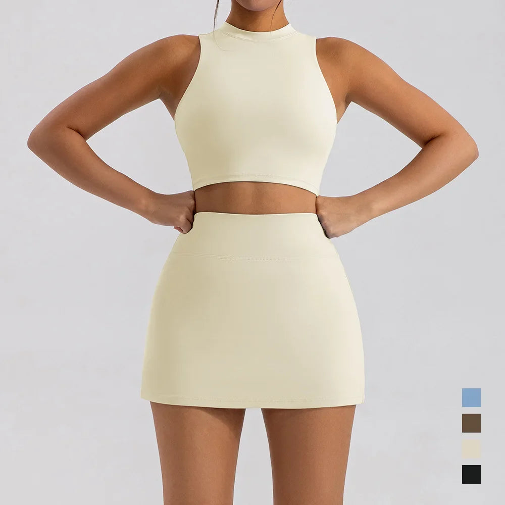 Sports Short Skirt Yoga Set 2PCS Women Tracksuit Gym Tennis Skirt Set Workout Sportswear Golf Dance Athletic Sport Suit