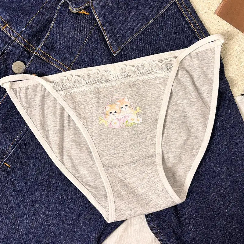 Cotton Girls Panties Cute Cat Sexy Japanese Lace Women Briefs Lady Thong  Underwear G String Female Low Waist Lingerie