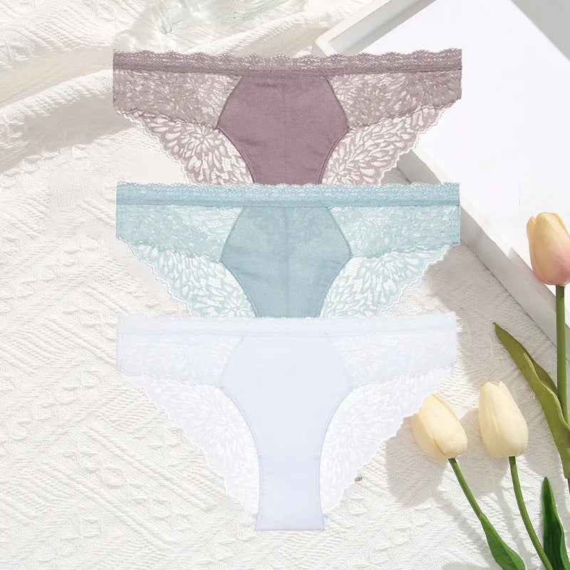 3Pcs/Set Seamless Lace Women Panties Transprant Hollow Out Low Waist Briefs Female Solid Soft Breathable Lingerie Underwear
