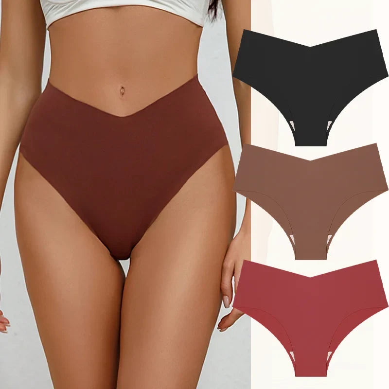 3PCS Women's Seamless Maillard Underwear Sexy V-Shaped Mid Waist Ice Silk Briefs 10 Soild Color Cozy Stretch Sexy Underpant S-XL