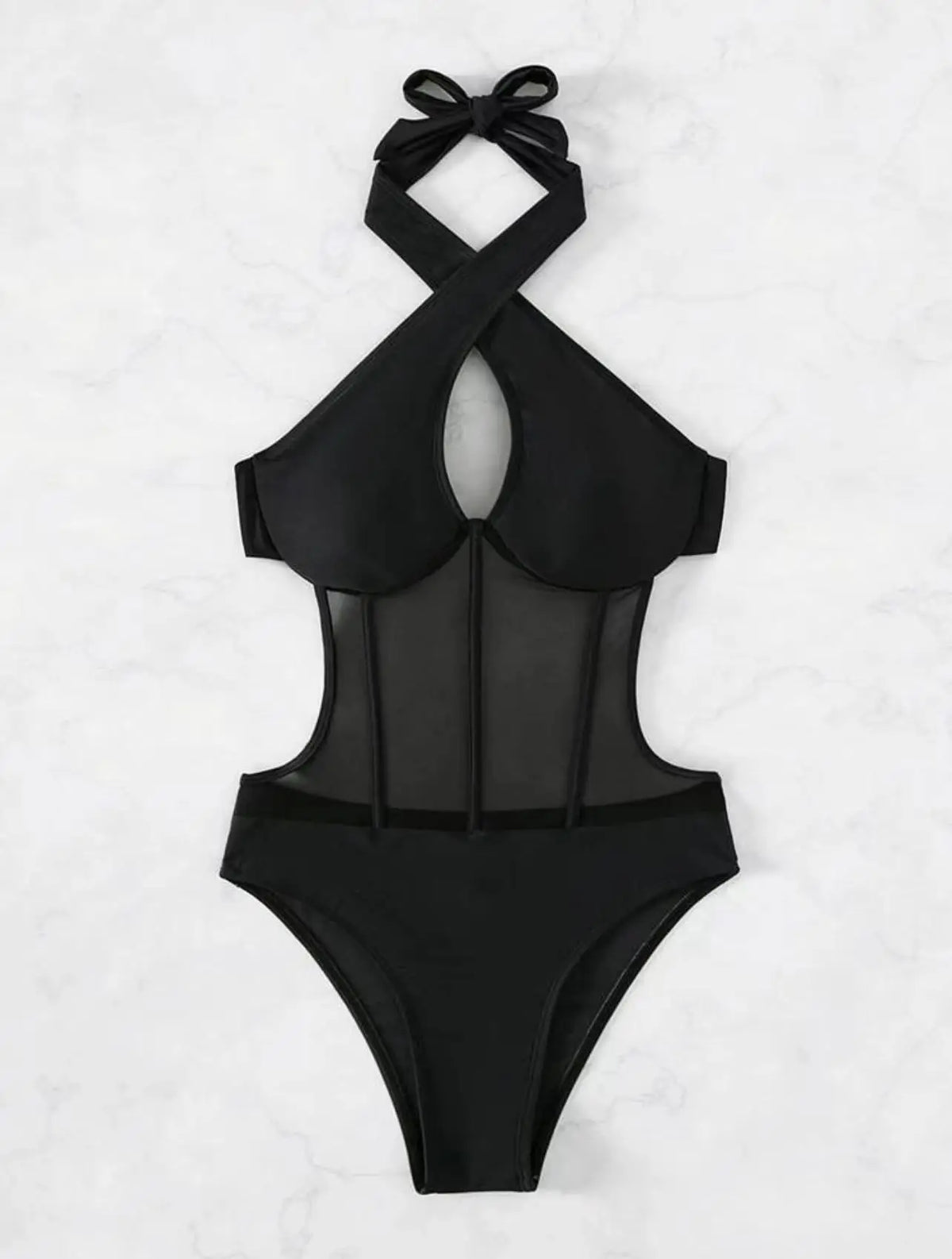 Sexy See Through One Piece Swimsuit 2025 Women Halter Corss Underwire Tummy Control Swimwear Solid Black Hot Pink Bathing Suits