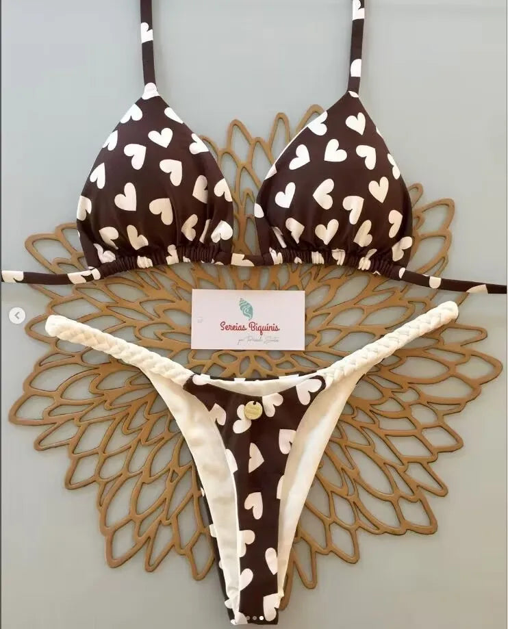 2026 Swimwear Women Cute  Cherry Print Brazilian Thong Bikini Set Sexy Thong Swimsuit Two Pieces Bathing Suit Women Beach Wear