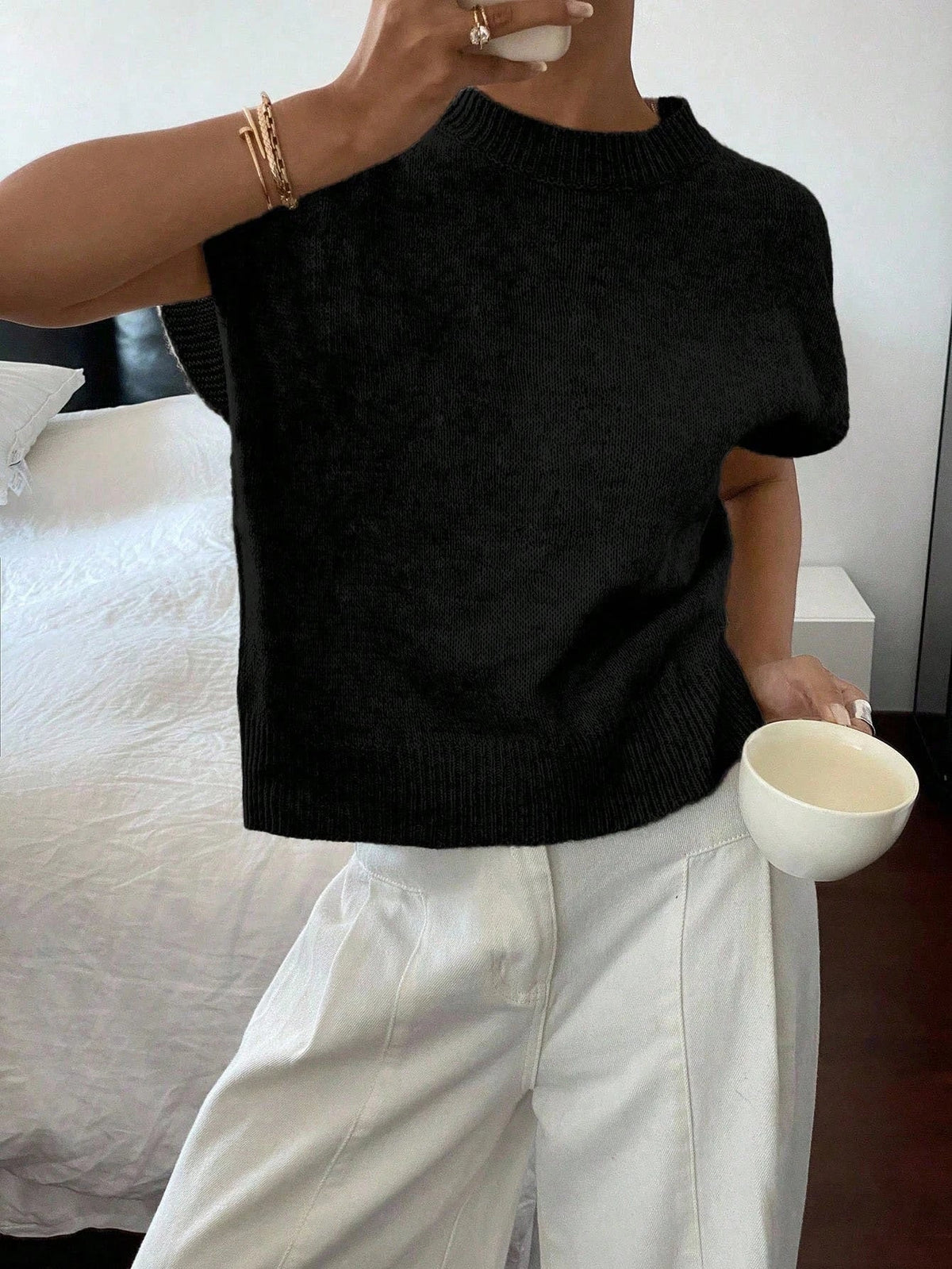Women's Elegant Short Sleeve Knit Sweater Casual O-Neck Straight Dropped Shoulders Comfort Sweater Vest Spring/Fall