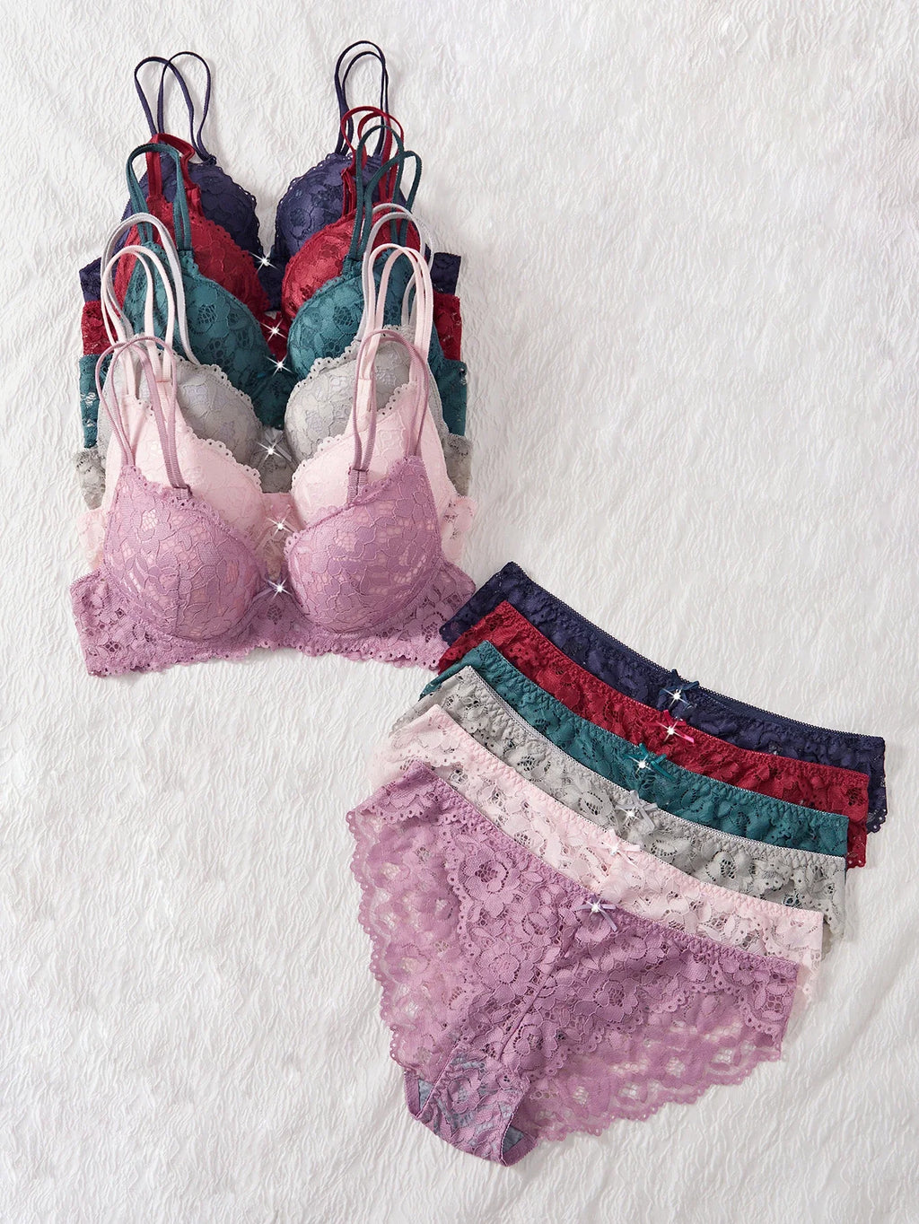 6-Piece Set Women's Bra and Panties Set Sexy Patterned Lace Patchwork No Lining Comfortable Fitting Women's Push-Up Bra Women's Underwear Set