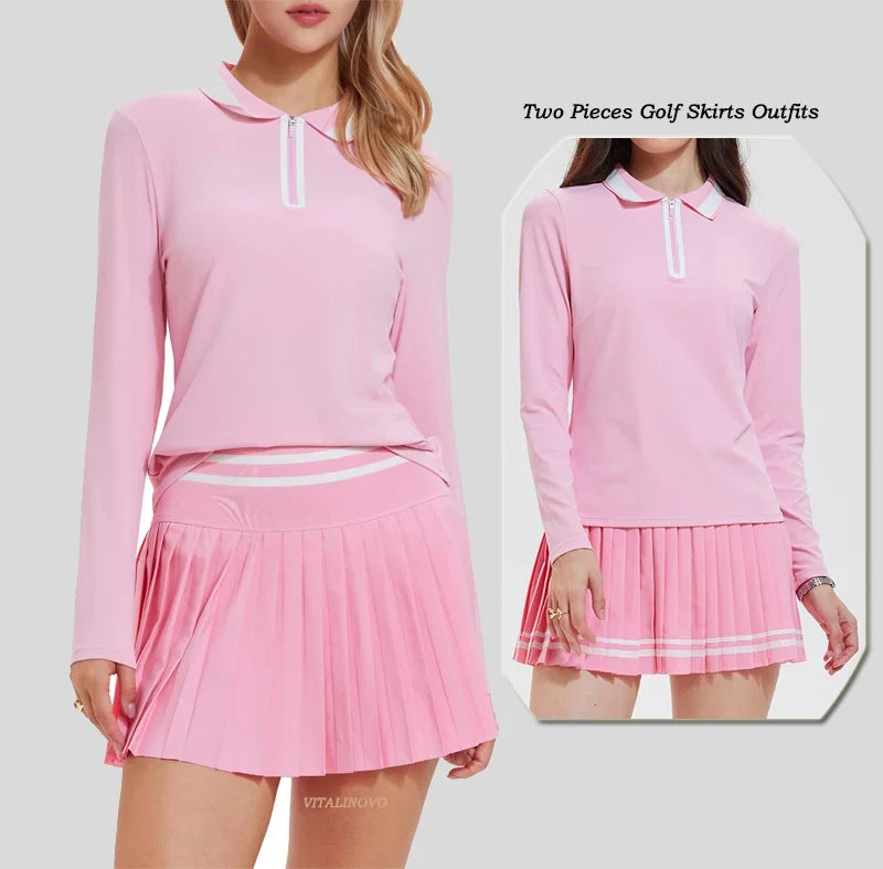 VITALINOVO Tennis Skirt Sets for Women Zipper Color Block Shirts High Waisted Golf Polo Two Piece Skirt Set Women 2 Piece Outfit